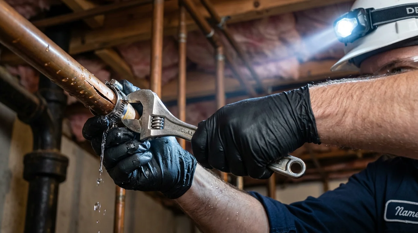 Emergency pipe clamp repair being performed by a Johns Plumbing LLC plumber in Key Biscayne
